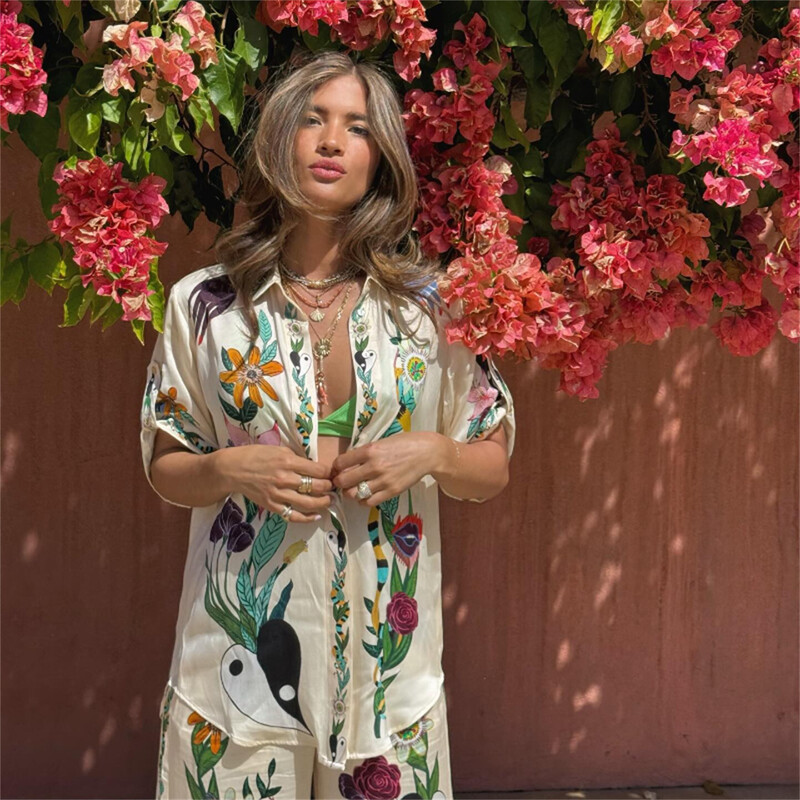 Põhjuslikud satiintrükiga püksid, 2-osalised komplektid naistele Moodsad üherealised pikkade varrukatega särgid, mis sobivad naistele puhkuserõivad