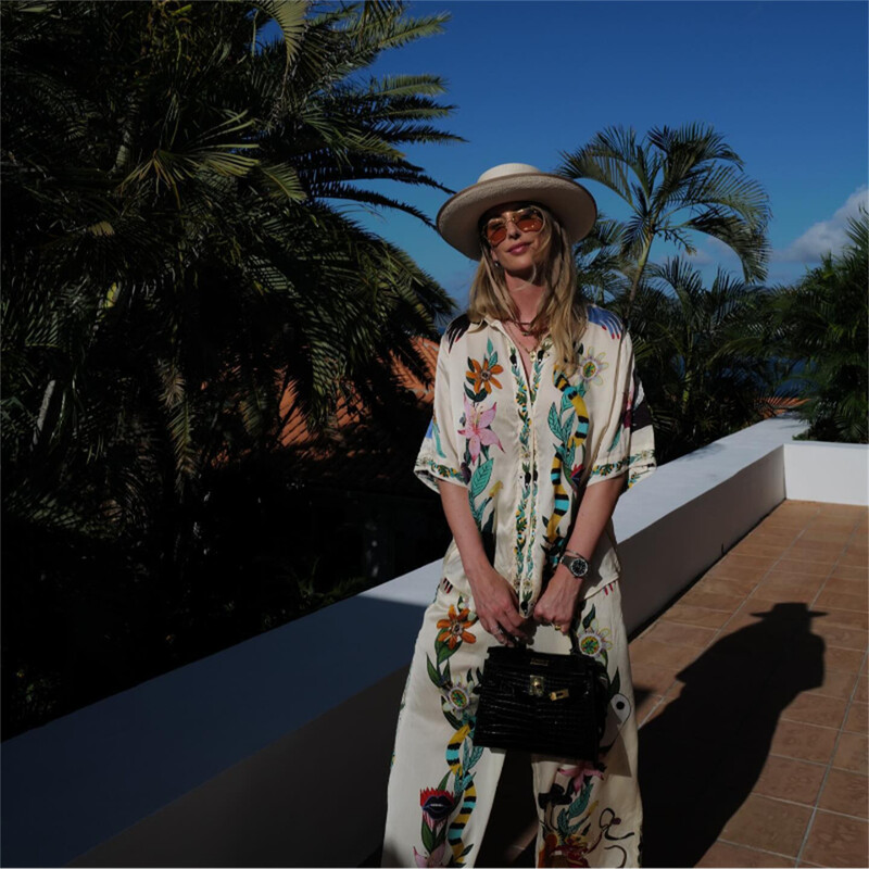 Põhjuslikud satiintrükiga püksid, 2-osalised komplektid naistele Moodsad üherealised pikkade varrukatega särgid, mis sobivad naistele puhkuserõivad