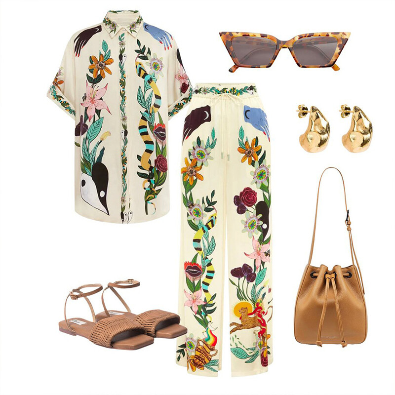 Põhjuslikud satiintrükiga püksid, 2-osalised komplektid naistele Moodsad üherealised pikkade varrukatega särgid, mis sobivad naistele puhkuserõivad