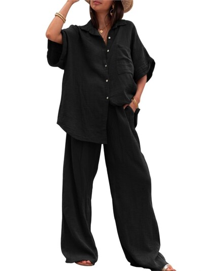 Elegantne košulje kratkih rukava i kompleti hlača Ženska moda ljeto 2024. Široke majice Usklađeni laneni kompleti od 2 komada Ženska odjeća Ležerna