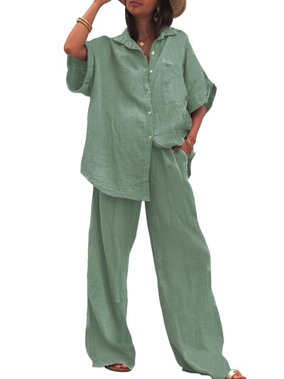 Elegantne košulje kratkih rukava i kompleti hlača Ženska moda ljeto 2024. Široke majice Usklađeni laneni kompleti od 2 komada Ženska odjeća Ležerna