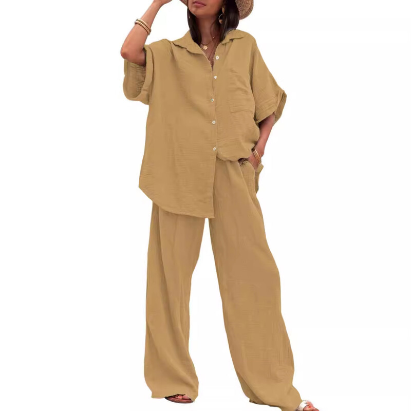 Elegantne košulje kratkih rukava i kompleti hlača Ženska moda ljeto 2024. Široke majice Usklađeni laneni kompleti od 2 komada Ženska odjeća Ležerna