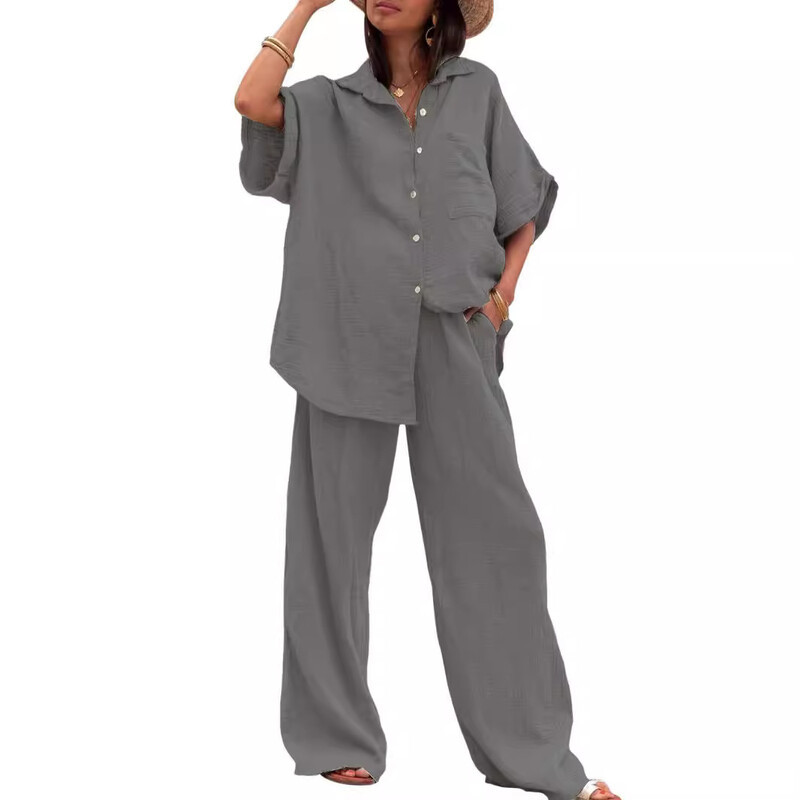 Elegantne košulje kratkih rukava i kompleti hlača Ženska moda ljeto 2024. Široke majice Usklađeni laneni kompleti od 2 komada Ženska odjeća Ležerna