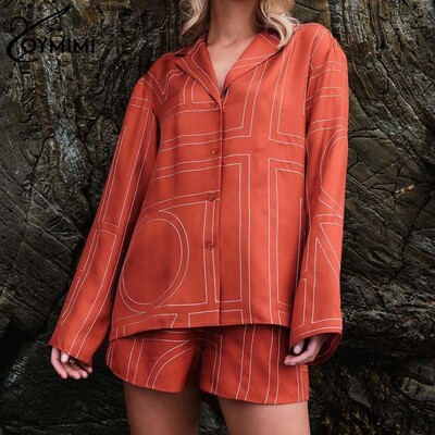 Модни комплекти от 2 части с червен принт на Oymimi Дамско облекло, елегантни едноредни ризи с дълъг ръкав и къси панталони с висока талия