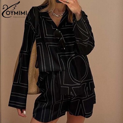 Модни комплекти от 2 части с червен принт на Oymimi Дамско облекло, елегантни едноредни ризи с дълъг ръкав и къси панталони с висока талия