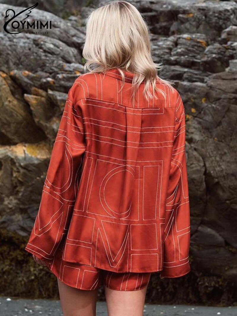 Модни комплекти от 2 части с червен принт на Oymimi Дамско облекло, елегантни едноредни ризи с дълъг ръкав и къси панталони с висока талия