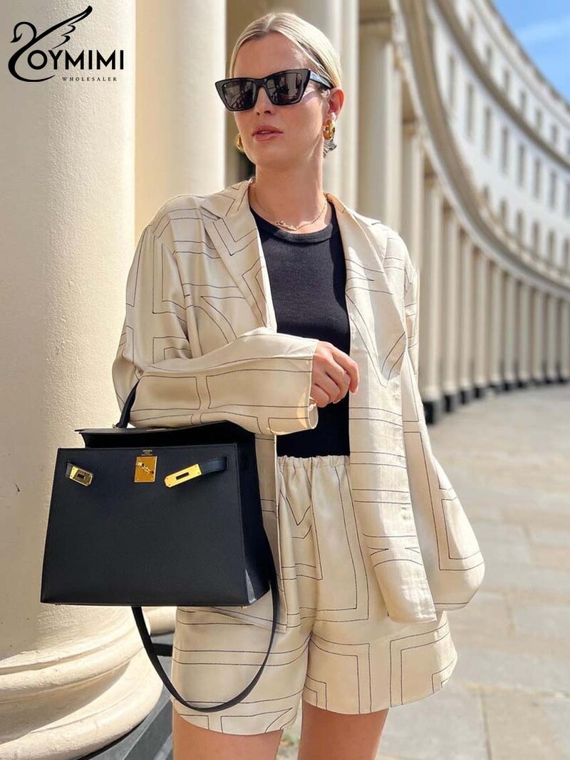 Модни комплекти от 2 части с червен принт на Oymimi Дамско облекло, елегантни едноредни ризи с дълъг ръкав и къси панталони с висока талия