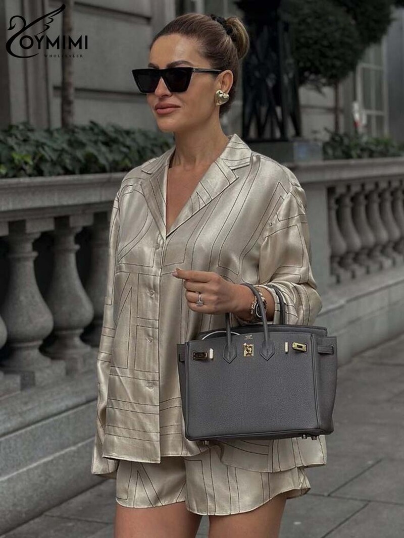 Модни комплекти от 2 части с червен принт на Oymimi Дамско облекло, елегантни едноредни ризи с дълъг ръкав и къси панталони с висока талия