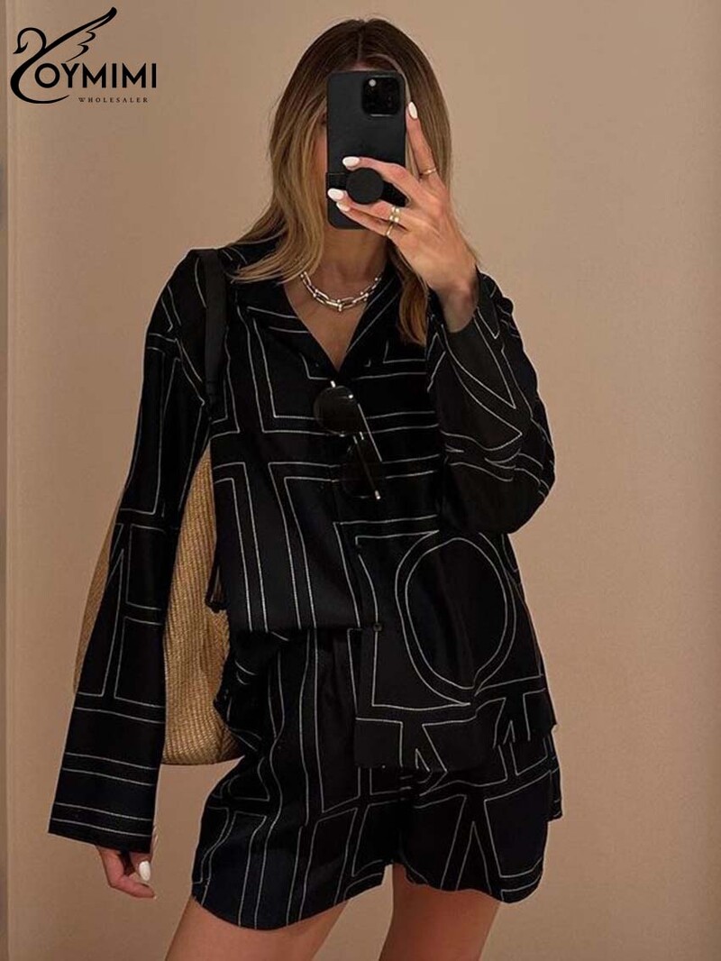 Модни комплекти от 2 части с червен принт на Oymimi Дамско облекло, елегантни едноредни ризи с дълъг ръкав и къси панталони с висока талия