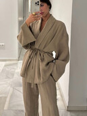 TRAF 2024. Modni ženski odijelo s hlačama, jednobojna bluza s dugim rukavima i dugim rukavima s vezicom + elastični struk, široke nogavice, ulična odjeća