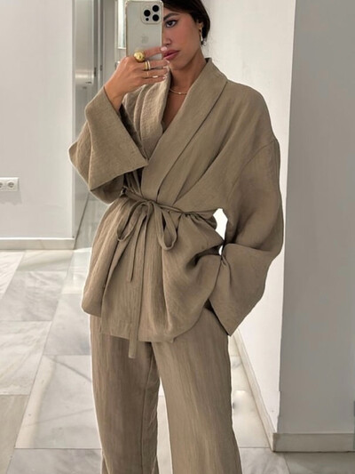 TRAF 2024 Costum cu pantaloni pentru femei la modă, kaki, cu șnur, bluză cardgiană cu mânecă lungă + pantaloni lați cu talie elastică, îmbrăcăminte de stradă