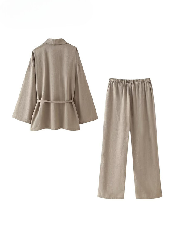 TRAF 2024. Modni ženski odijelo s hlačama, jednobojna bluza s dugim rukavima i dugim rukavima s vezicom + elastični struk, široke nogavice, ulična odjeća