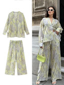 TRAFZA Γυναικεία μόδα ρετρό εμπριμέ δύο κομμάτια Tie-Dye εμπριμέ πουκάμισο με ένα κουμπί με ψηλόμεσο παντελόνι παντελόνι παντελόνι