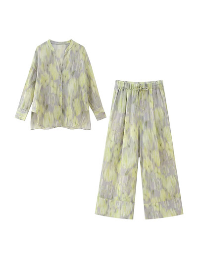 TRAFZA Γυναικεία μόδα ρετρό εμπριμέ δύο κομμάτια Tie-Dye εμπριμέ πουκάμισο με ένα κουμπί με ψηλόμεσο παντελόνι παντελόνι παντελόνι