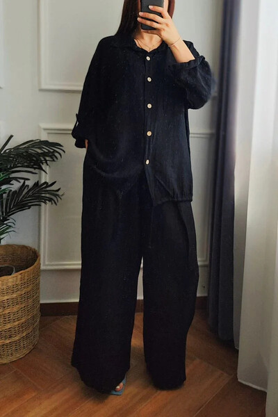 Дамски комплект от две части Ежедневна риза с дълги ръкави и шнурове Костюм с панталон с широки крачоли Реколта Свободни плътни комплекти от 2 части Елегантни тоалети