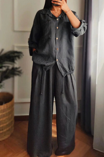 Дамски комплект от две части Ежедневна риза с дълги ръкави и шнурове Костюм с панталон с широки крачоли Реколта Свободни плътни комплекти от 2 части Елегантни тоалети