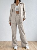 Dvodijelna vintage jednobojna košulja s dugim rukavima i dugim rukavima Žensko ležerno odijelo s širokim hlačama ravnih nogavica