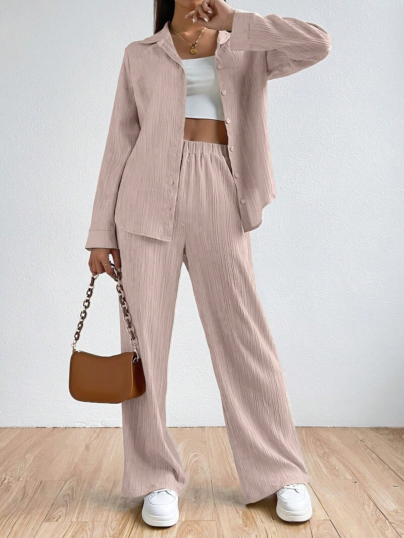 Dvodijelna vintage jednobojna košulja s dugim rukavima i dugim rukavima Žensko ležerno odijelo s širokim hlačama ravnih nogavica