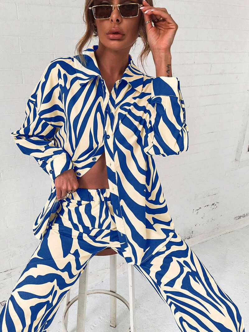 2022 Cross border Hot Edition Street Trendy Print Pükstekomplekt Pikkade varrukatega täisekraaniga trükitud õlgade särgikomplekt