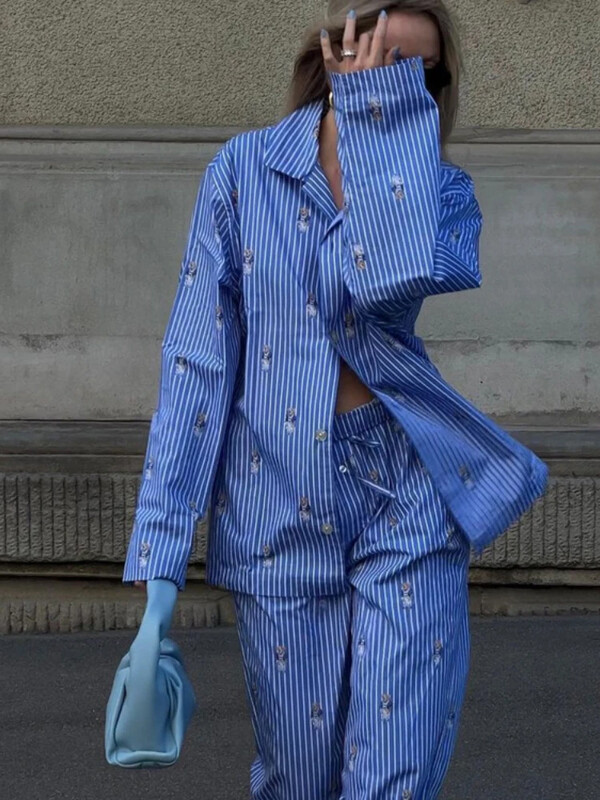 Novi modni ležerni kompleti od 2 komada s plavim printom Ženska odjeća Košulje s dugim rukavima i dugim rukavima visokog struka Kompleti ravnih hlača