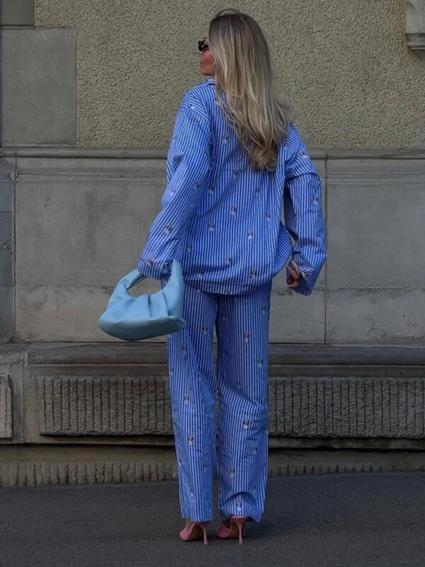 Novi modni ležerni kompleti od 2 komada s plavim printom Ženska odjeća Košulje s dugim rukavima i dugim rukavima visokog struka Kompleti ravnih hlača