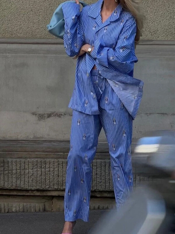 Novi modni ležerni kompleti od 2 komada s plavim printom Ženska odjeća Košulje s dugim rukavima i dugim rukavima visokog struka Kompleti ravnih hlača