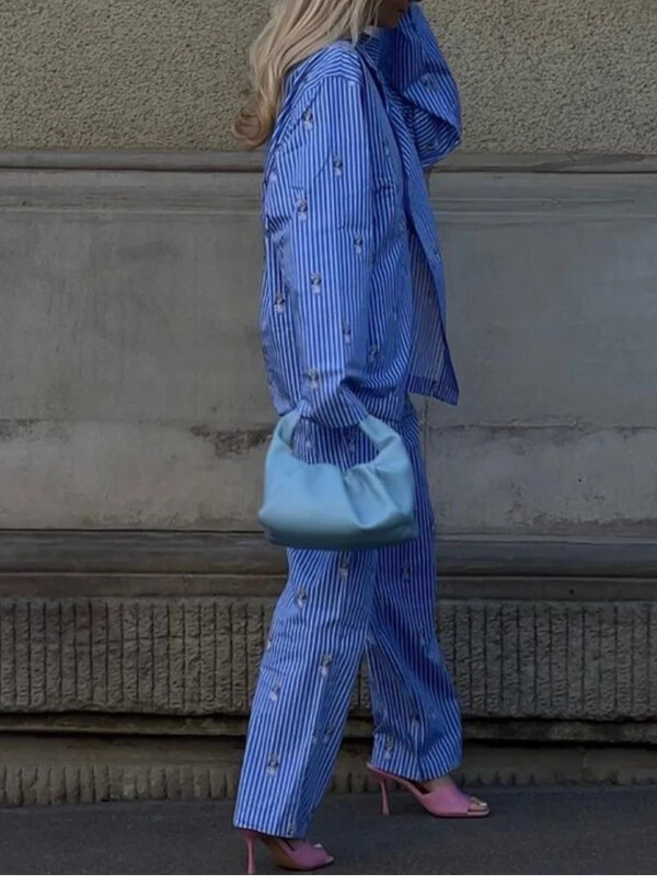 Novi modni ležerni kompleti od 2 komada s plavim printom Ženska odjeća Košulje s dugim rukavima i dugim rukavima visokog struka Kompleti ravnih hlača