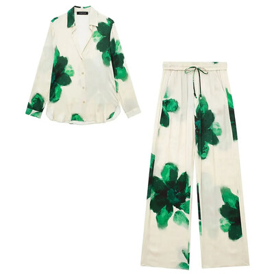 TRAFZA Trendovsko ljetno odijelo s hlačama s cvjetnim uzorkom Široke hlače s uzicom + široka bluza s reverima dugih rukava Ženski modni ugodan set