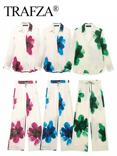 TRAFZA Pantaloni la modă de vară cu imprimeuri florale Costum Pantaloni cu șnur cu picioare largi + mâneci lungi rever bluză largi Moda feminină Set confortabil