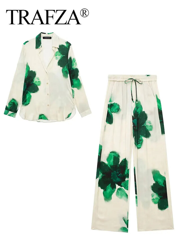 TRAFZA Trendovsko ljetno odijelo s hlačama s cvjetnim uzorkom Široke hlače s uzicom + široka bluza s reverima dugih rukava Ženski modni ugodan set