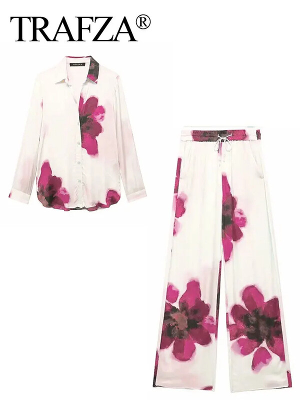 TRAFZA Trendovsko ljetno odijelo s hlačama s cvjetnim uzorkom Široke hlače s uzicom + široka bluza s reverima dugih rukava Ženski modni ugodan set