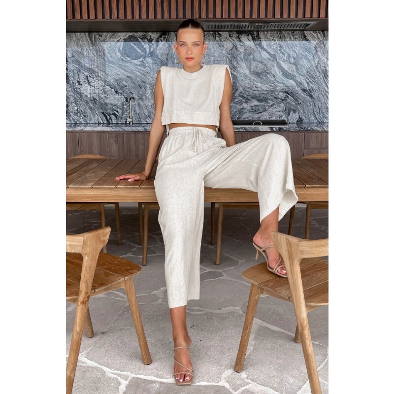 Kompleti pamučnih lanenih hlača Kaki ljetni ženski 2-dijelni modni kratki topovi na vezanje za 2024. Opuštena odijela s dugim hlačama za odmor s elastičnim strukom