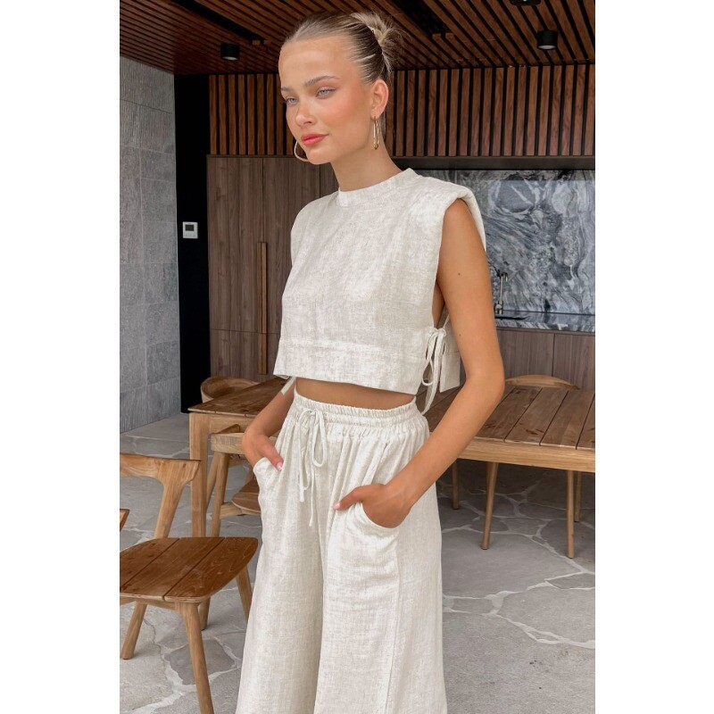 Kompleti pamučnih lanenih hlača Kaki ljetni ženski 2-dijelni modni kratki topovi na vezanje za 2024. Opuštena odijela s dugim hlačama za odmor s elastičnim strukom