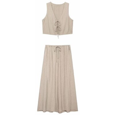 TRAFZA Woman Vintage tvirtų liemenių sijonų rinkiniai Elegantiškas lankas, suvarstomas apkarpytas liemenė + aukštu juosmeniu sutraukiamas sijonas laisvalaikio apranga gatvės apranga