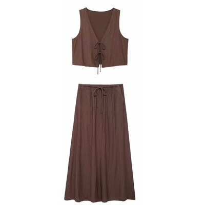 TRAFZA Woman Vintage tvirtų liemenių sijonų rinkiniai Elegantiškas lankas, suvarstomas apkarpytas liemenė + aukštu juosmeniu sutraukiamas sijonas laisvalaikio apranga gatvės apranga