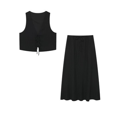 TRAFZA Woman Vintage tvirtų liemenių sijonų rinkiniai Elegantiškas lankas, suvarstomas apkarpytas liemenė + aukštu juosmeniu sutraukiamas sijonas laisvalaikio apranga gatvės apranga