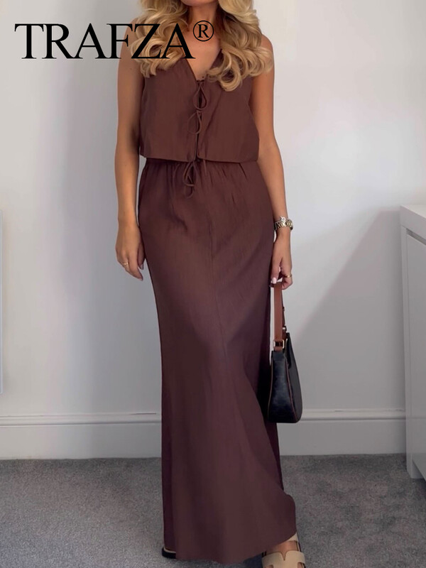 TRAFZA Woman Vintage tvirtų liemenių sijonų rinkiniai Elegantiškas lankas, suvarstomas apkarpytas liemenė + aukštu juosmeniu sutraukiamas sijonas laisvalaikio apranga gatvės apranga