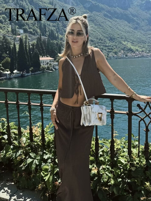 TRAFZA Woman Vintage tvirtų liemenių sijonų rinkiniai Elegantiškas lankas, suvarstomas apkarpytas liemenė + aukštu juosmeniu sutraukiamas sijonas laisvalaikio apranga gatvės apranga