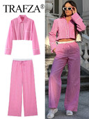 TRAFZA naiste magus, roosa triibuline pluus, pükste komplektid, nööbid, pikkade varrukatega kärbitud särk, kirjud nööriga sirged püksid TRAF