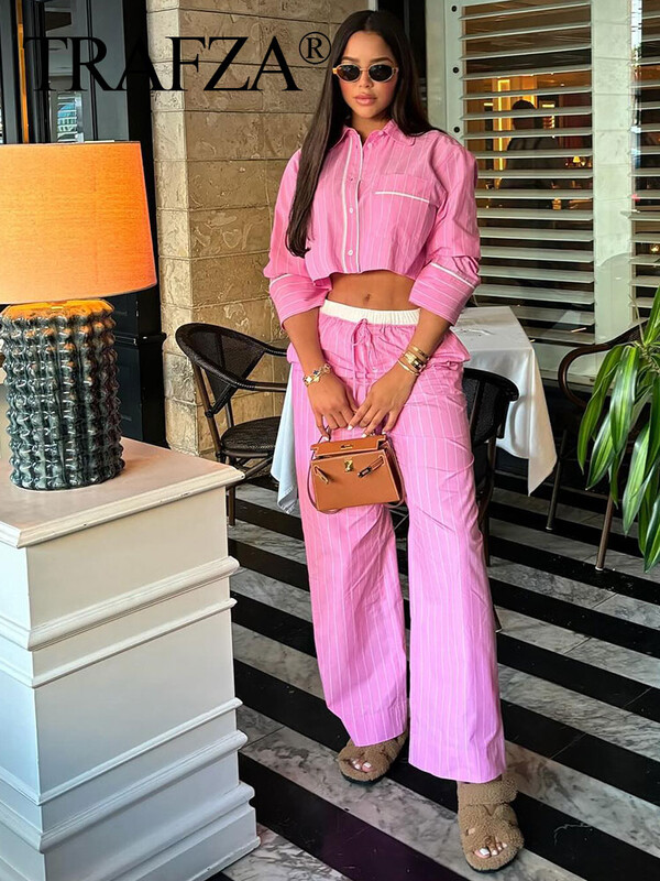 TRAFZA naiste magus, roosa triibuline pluus, pükste komplektid, nööbid, pikkade varrukatega kärbitud särk, kirjud nööriga sirged püksid TRAF