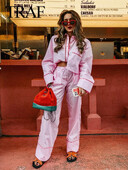 TRAF proljetna ženska modna ružičasta odijela s otvorenim ovratnikom, dugim rukavima, jednorednim kopčanjem + široke hlače na vezanje srednjeg struka