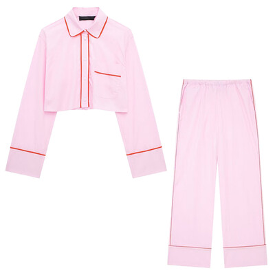 TRAF proljetna ženska modna ružičasta odijela s otvorenim ovratnikom, dugim rukavima, jednorednim kopčanjem + široke hlače na vezanje srednjeg struka