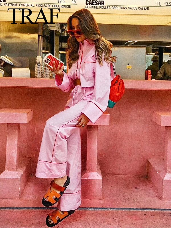 TRAF proljetna ženska modna ružičasta odijela s otvorenim ovratnikom, dugim rukavima, jednorednim kopčanjem + široke hlače na vezanje srednjeg struka