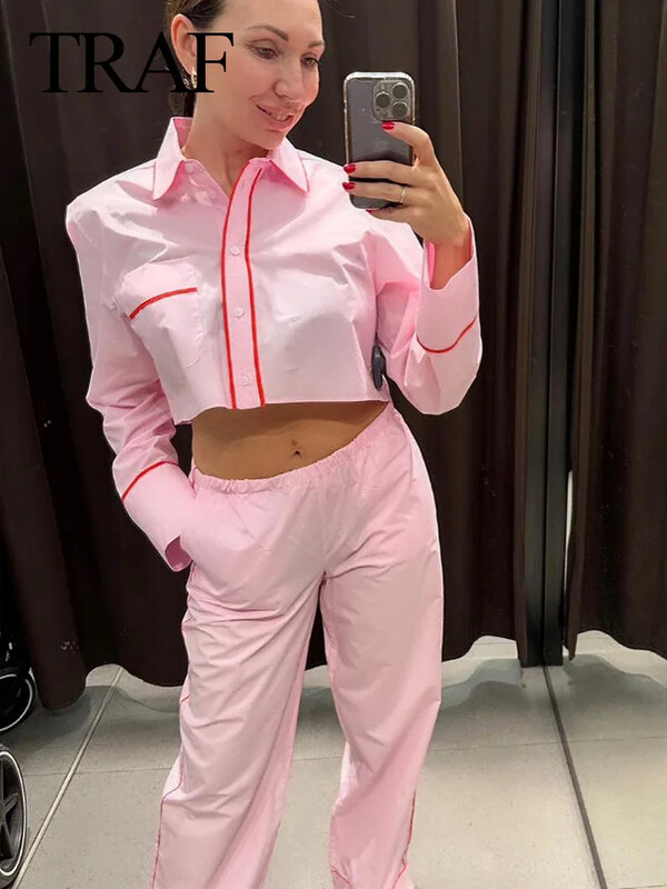 TRAF proljetna ženska modna ružičasta odijela s otvorenim ovratnikom, dugim rukavima, jednorednim kopčanjem + široke hlače na vezanje srednjeg struka