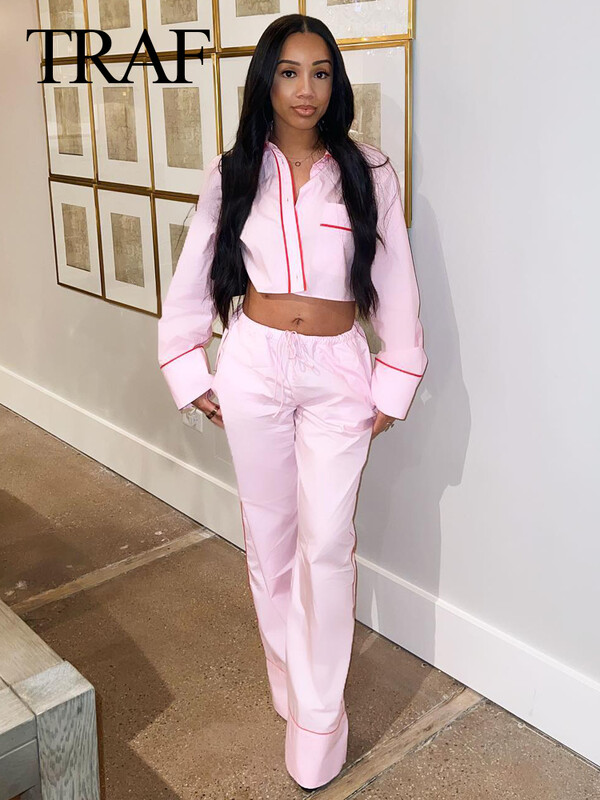 TRAF proljetna ženska modna ružičasta odijela s otvorenim ovratnikom, dugim rukavima, jednorednim kopčanjem + široke hlače na vezanje srednjeg struka