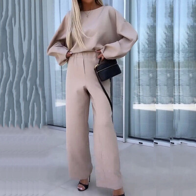 Νέα φθινοπωρινά χειμερινά χαλαρά μονόχρωμα σετ δύο τεμαχίων Γυναικείο πουλόβερ με λαιμόκοψη σε O με κοστούμια παντελονιού Casual μακρυμάνικα αθλητικά ρούχα
