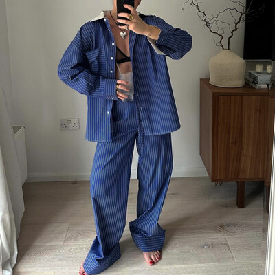 EWQ Casual Fashion triibuline üherealine särk ja kõrge vöökohaga laia säärega püksid, 2-osaline komplekt naisteriided 2024. aasta sügishooaeg