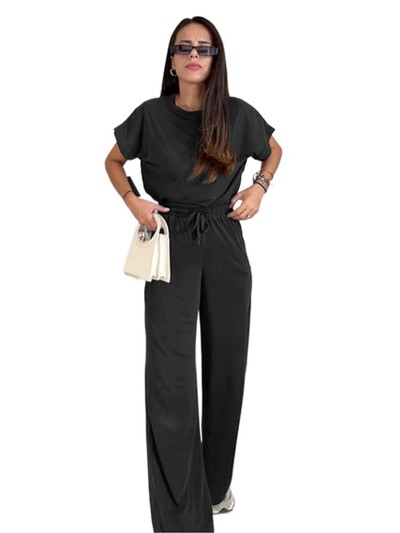 Пълен костюм с панталон за жени Едноцветен дамски топ с кръгло деколте и къс ръкав Ежедневен комплект широки панталони Анцузи Дамски 2024