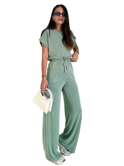 Пълен костюм с панталон за жени Едноцветен дамски топ с кръгло деколте и къс ръкав Ежедневен комплект широки панталони Анцузи Дамски 2024