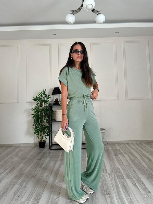 Пълен костюм с панталон за жени Едноцветен дамски топ с кръгло деколте и къс ръкав Ежедневен комплект широки панталони Анцузи Дамски 2024